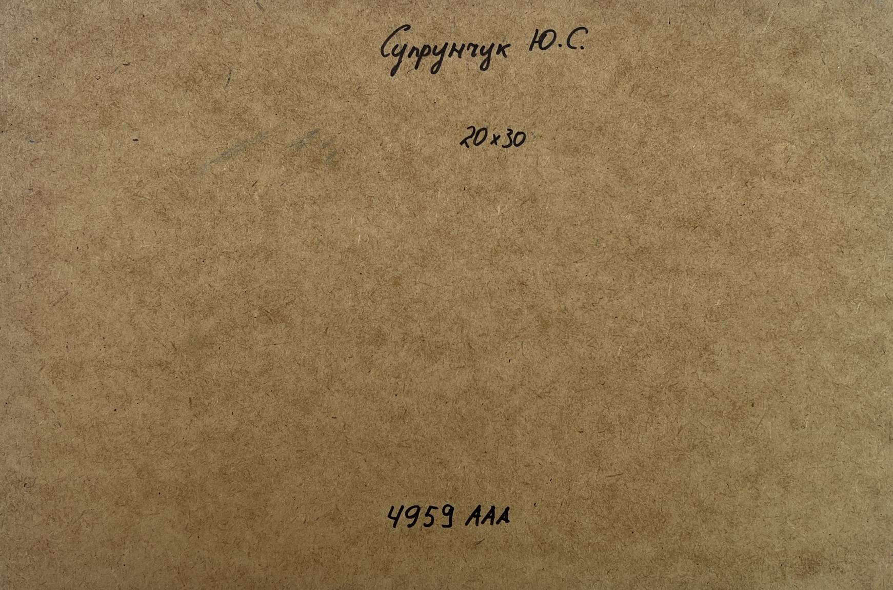 Back of Yuriy Suprunchuk oil painting Sea storm is approaching with brown textured paper Cyrillic text and numbers