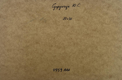 Back of Yuriy Suprunchuk oil painting Sea storm is approaching with brown textured paper Cyrillic text and numbers