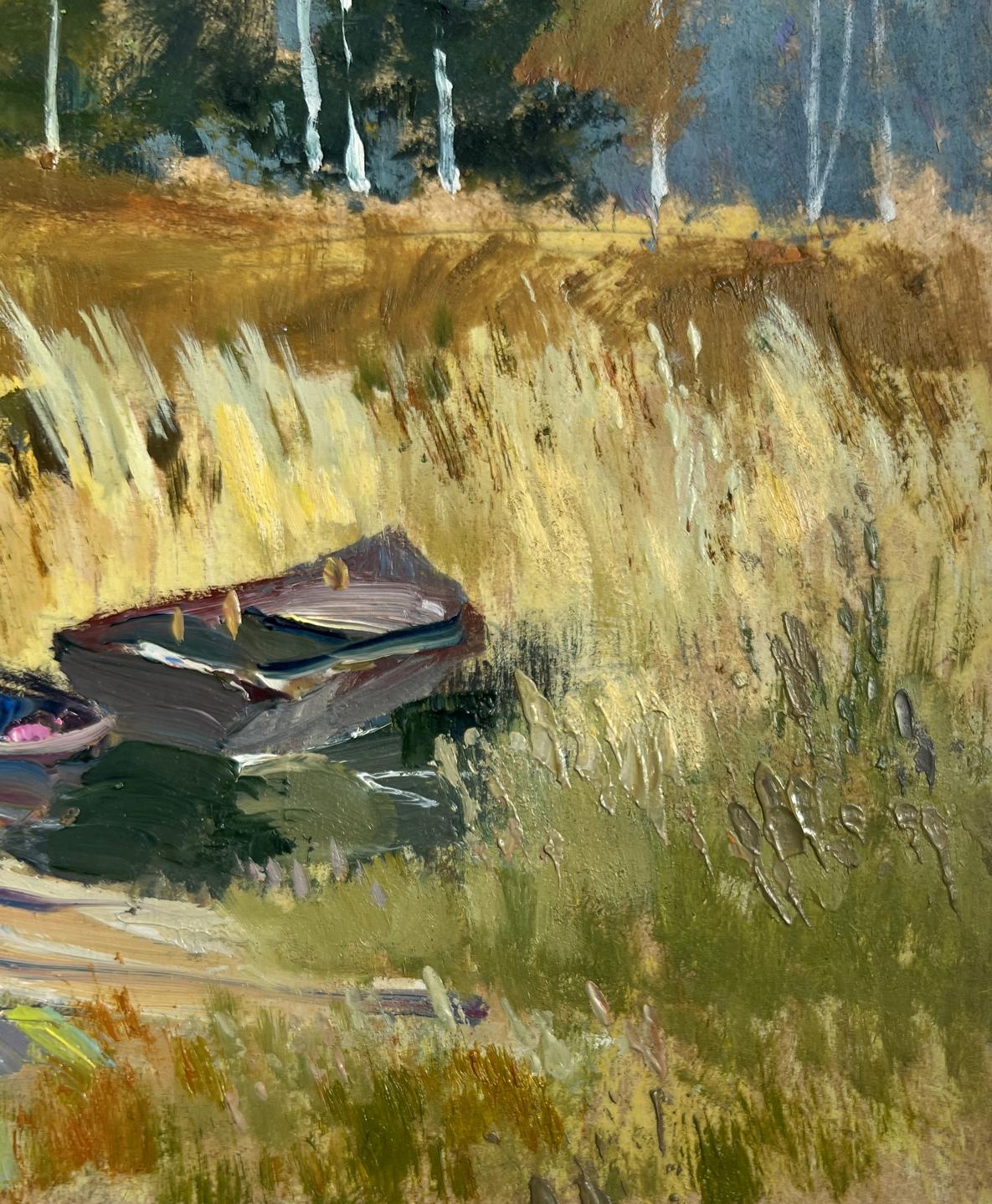 Rustic rowboat in golden grass oil painting by Yuriy Suprunchuk