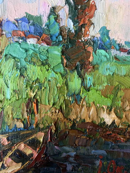 "Riverside Retreat" depicted in oil by Oksana Ivanyuk, featuring a backwater