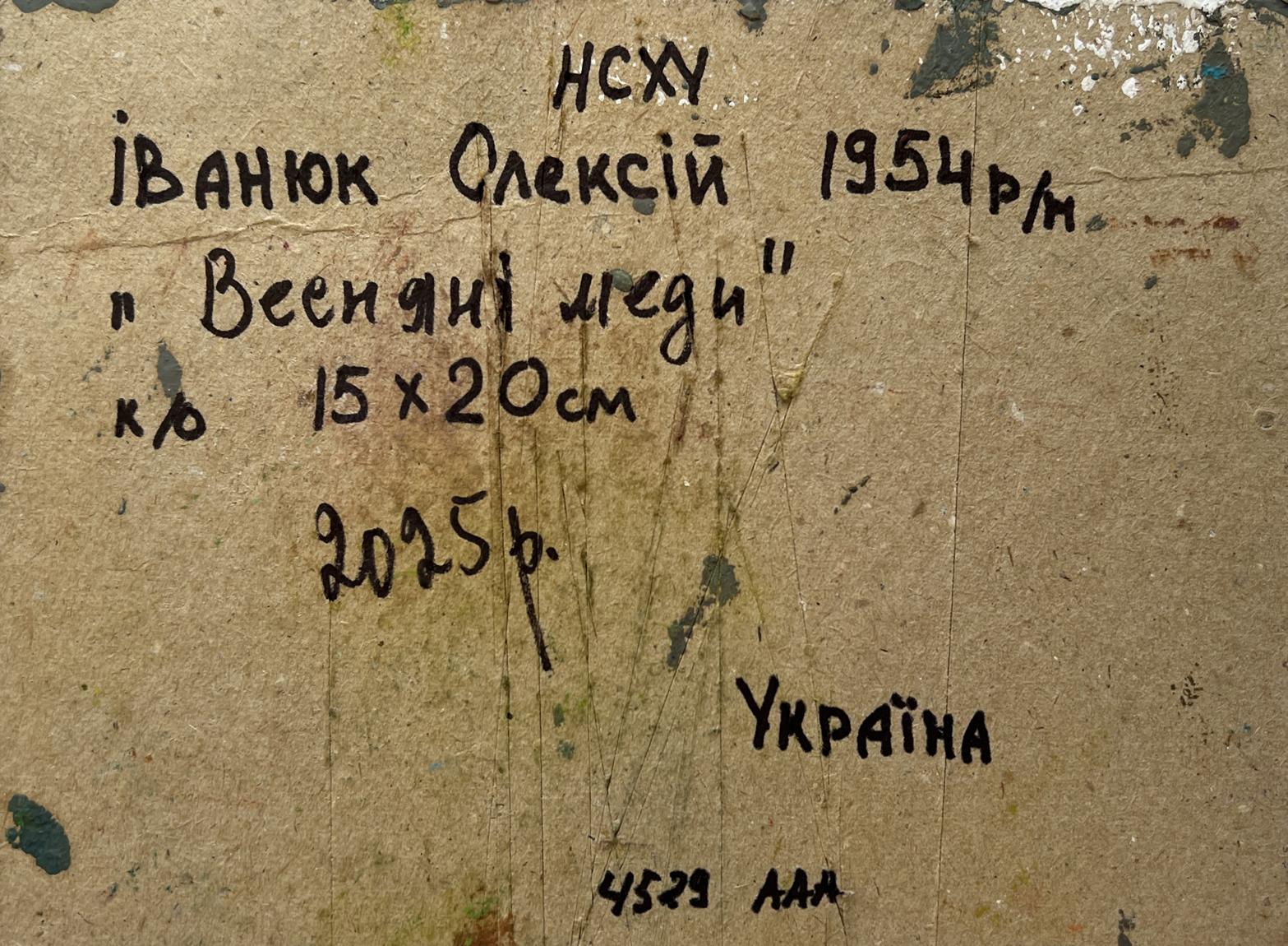 Back of Oil painting Spring Blossom Oleksiy Ivanyuk with handwritten black ink inscription on beige cardboard