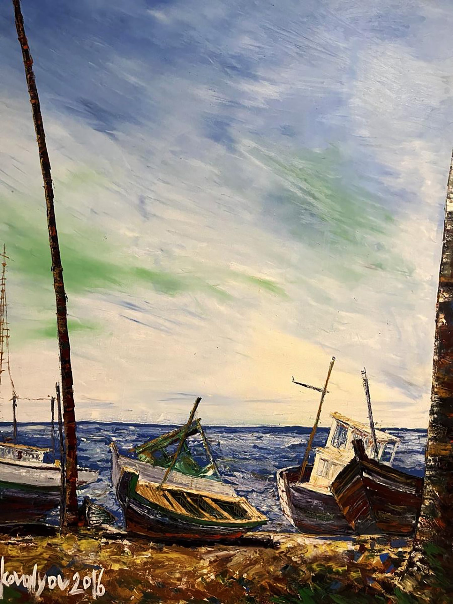 Oil painting Dock by Serhiy Kovalev: weathered boats on shore under swirling sky