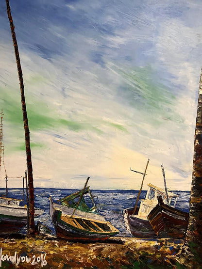 Oil painting Dock by Serhiy Kovalev: weathered boats on shore under swirling sky
