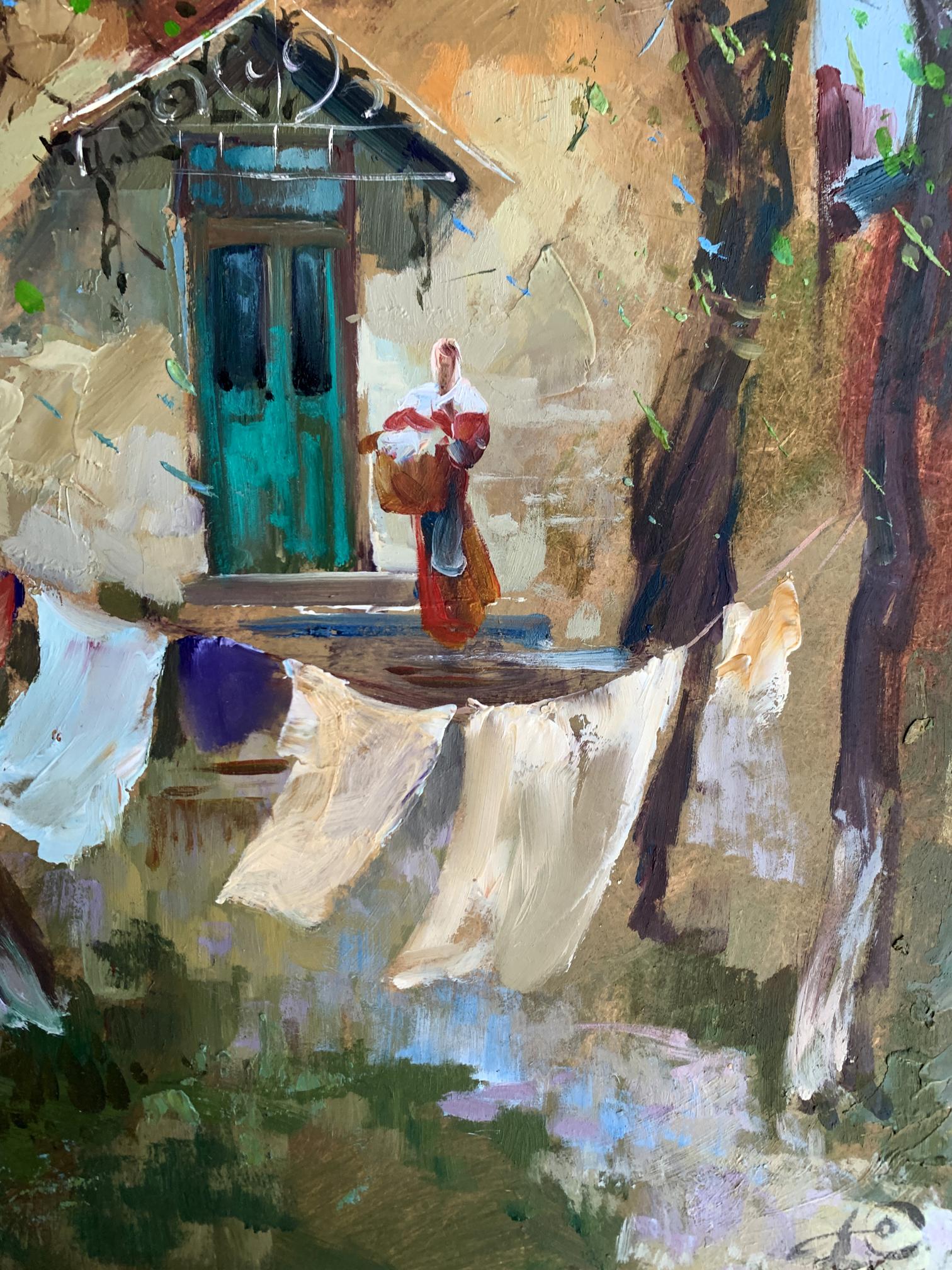 Vibrant oil painting by Yuriy Suprunchuk: woman in traditional attire before teal door with laundry