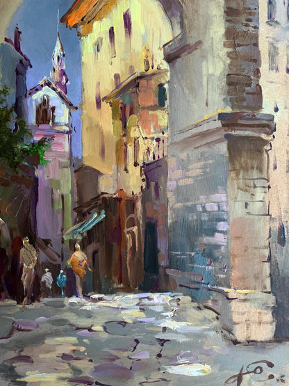 Vibrant impressionist oil painting of sunlit European alley by Yuriy Suprunchuk