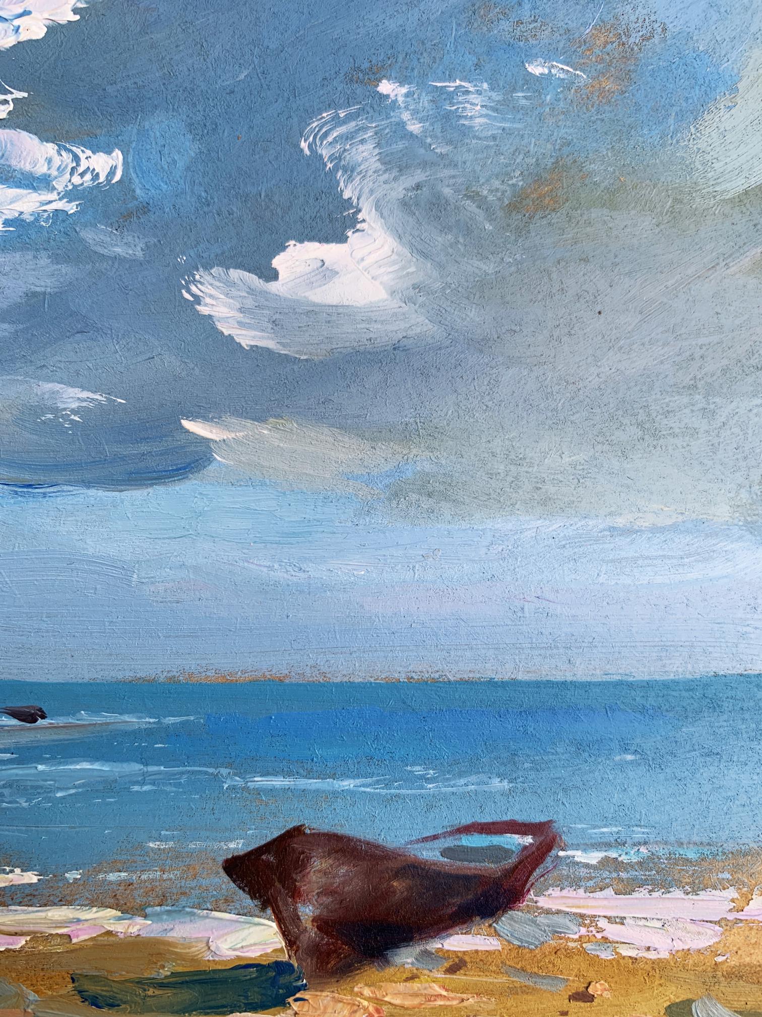 Weathered wooden boat on beach under swirling sky, Yuriy Suprunchuk oil painting