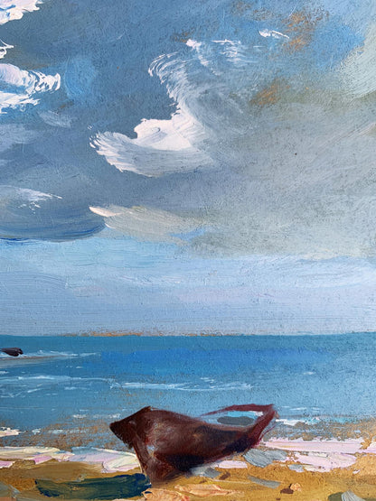 Weathered wooden boat on beach under swirling sky, Yuriy Suprunchuk oil painting