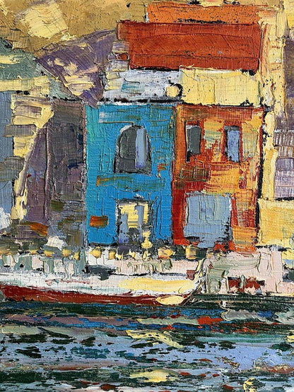 Vibrant oil painting by Serhiy Kovalev of colorful waterfront buildings