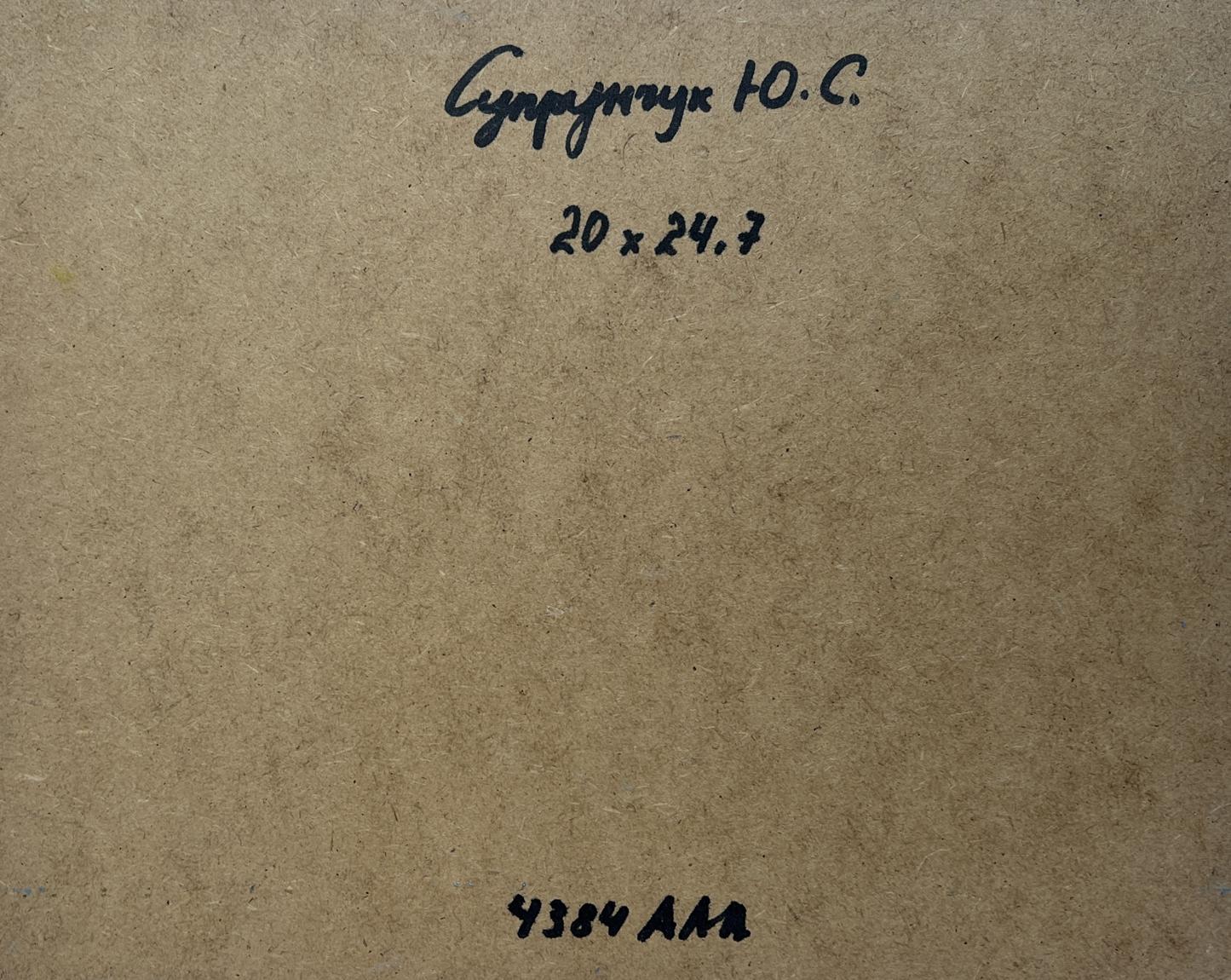 Back of Yuriy Suprunchuk oil painting Sunset colors in the sea with Cyrillic text and measurements on brown cardboard