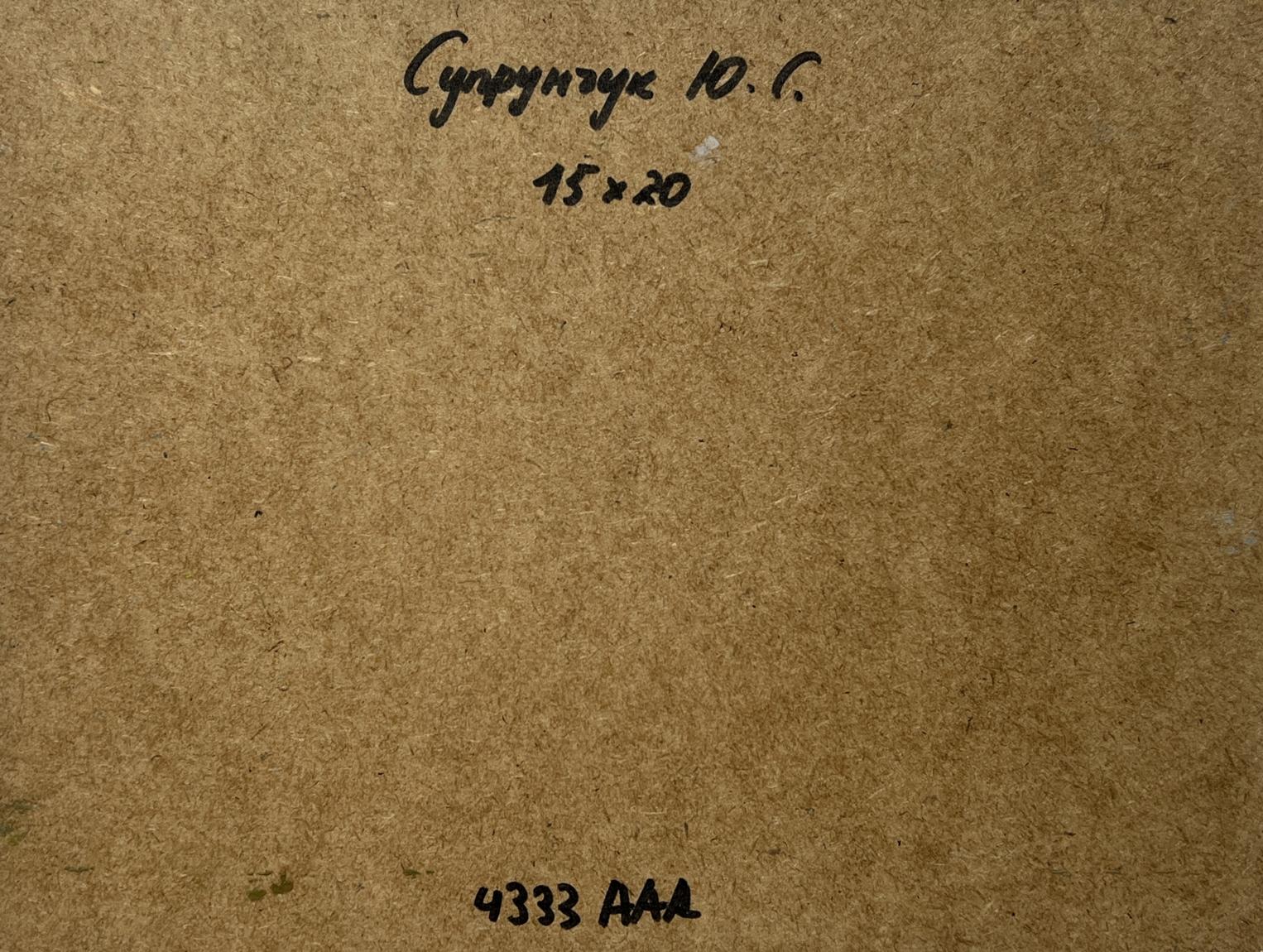 Back of Yuriy Suprunchuk oil painting Silence before the rain with handwritten Cyrillic text and measurements on brown cardboard