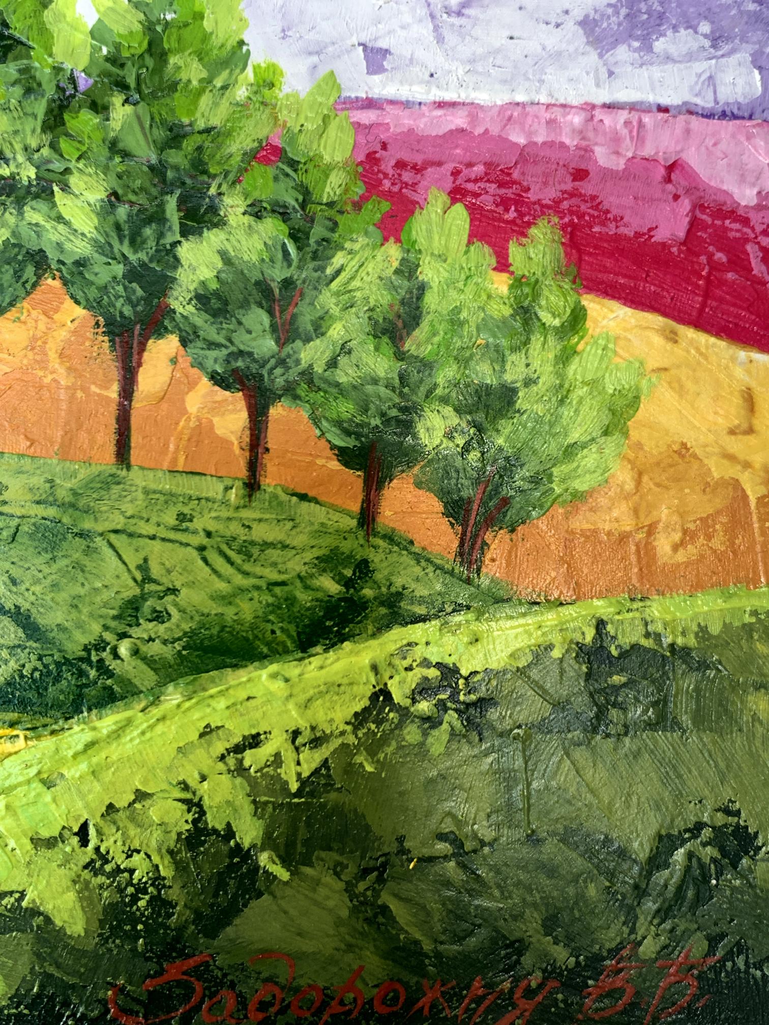 Vibrant impressionist oil painting by V. Zadorozhnya: green trees, orange pink purple hills