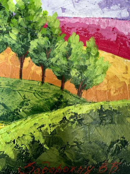 Vibrant impressionist oil painting by V. Zadorozhnya: green trees, orange pink purple hills
