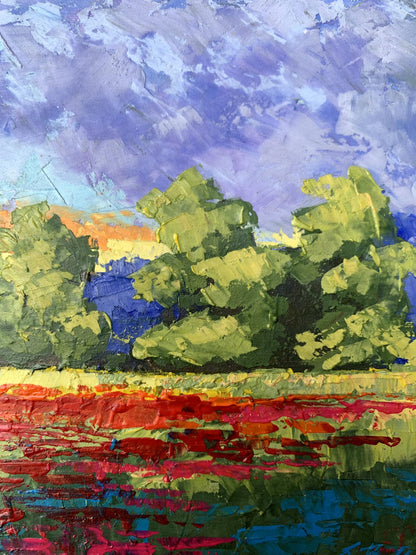 Vibrant Oil Painting Orange Glow by V. Zadorozhnya: green trees, purple sky