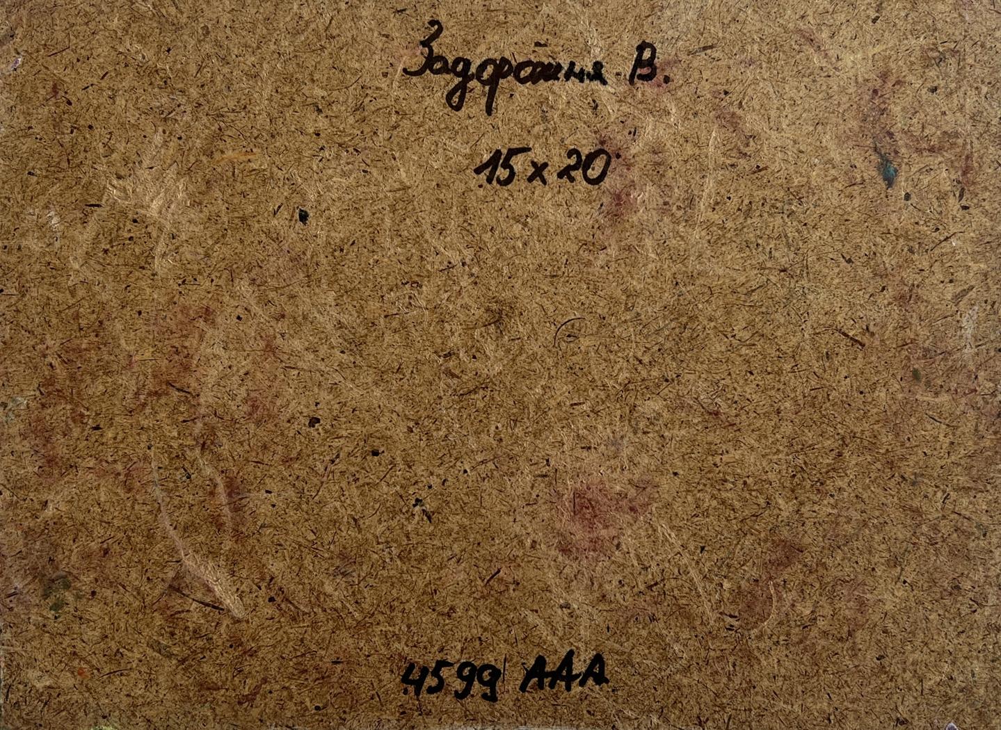 Back of V. Zadorozhnya Fiery sunset oil painting with handwritten note and stamped numbers on brown cardboard
