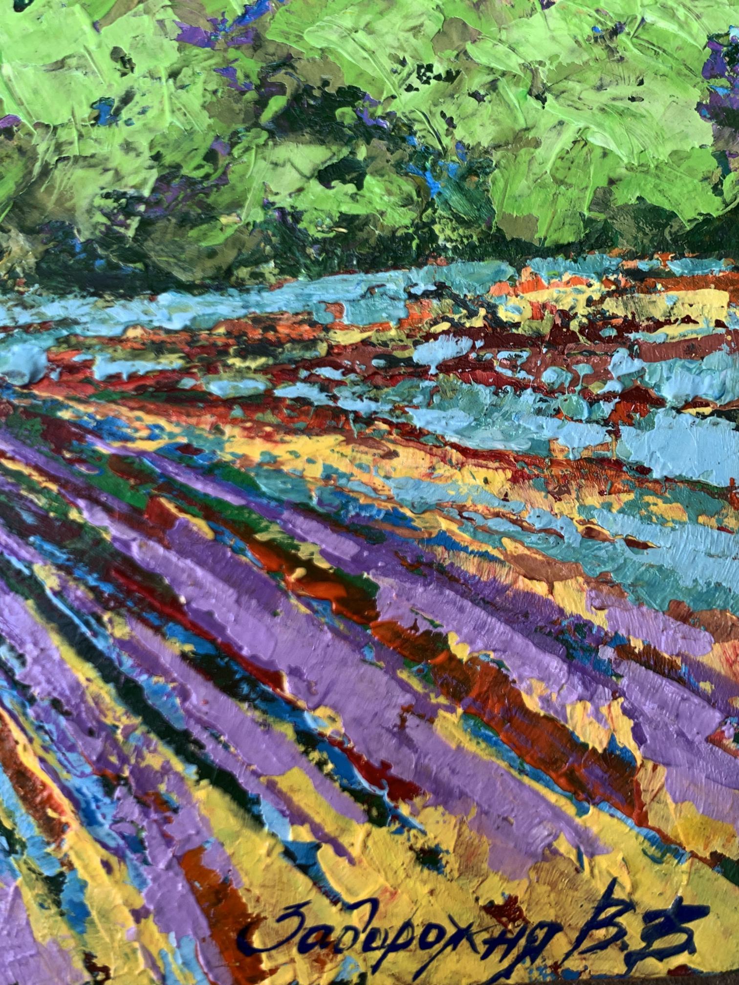 Vibrant impressionist oil painting of sunny lavender field near forest by V. Zadorozhnya