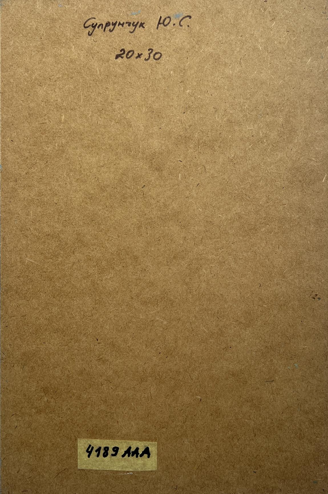 Back of Yuriy Suprunchuk oil painting Into the depths of the forest with handwritten Cyrillic text on brown cardboard and yellow label