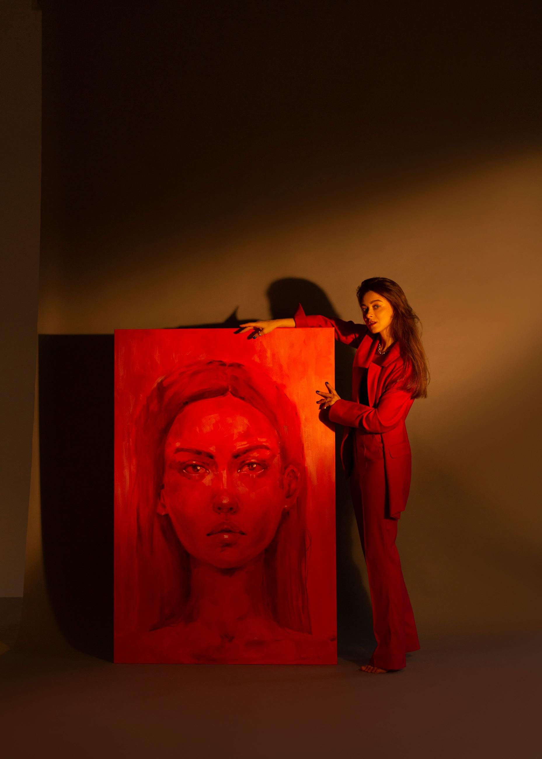 Oil painting Doubt by Victoria Kagalovska: striking red womans face