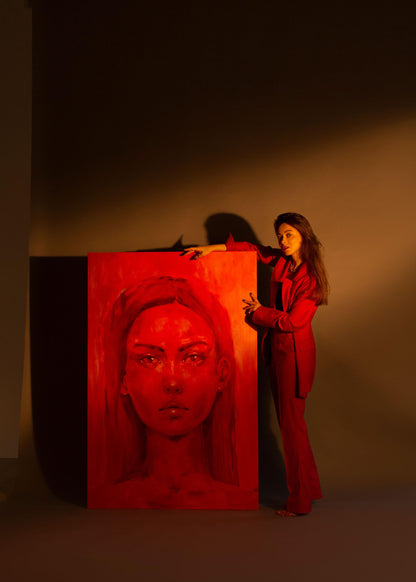 Oil painting Doubt by Victoria Kagalovska: striking red womans face