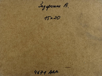 Back of V. Zadorozhnya Oil painting Romantic flaming evening with handwritten Cyrillic text and measurements on brown cardboard
