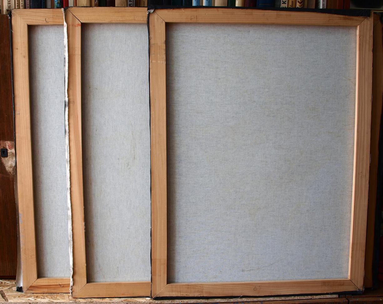 Back of three light wood-framed gray canvas panels for Pistis Sophia oil painting by Konsta G. Amelinn