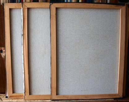 Back of three light wood-framed gray canvas panels for Pistis Sophia oil painting by Konsta G. Amelinn