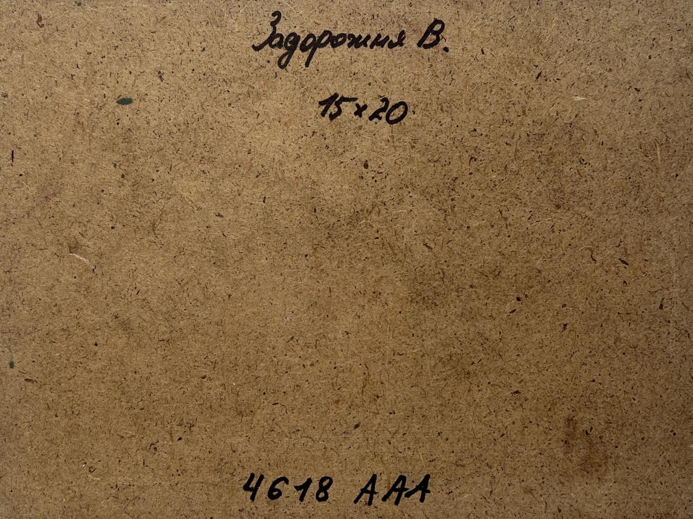 Back of V. Zadorozhnya oil painting Sunset on the mountain top with brown cardboard, handwritten inscription and stamped numbers