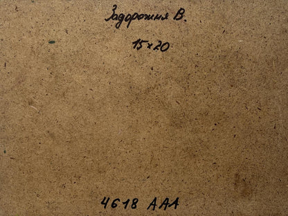 Back of V. Zadorozhnya oil painting Sunset on the mountain top with brown cardboard, handwritten inscription and stamped numbers