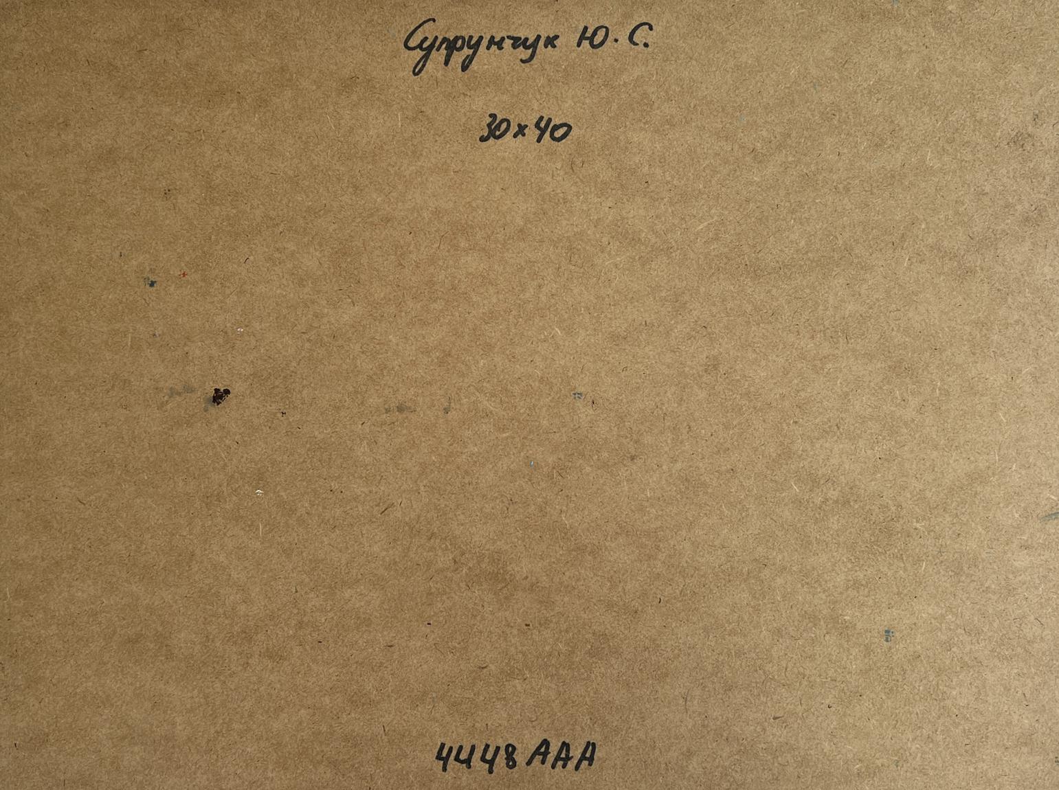 Back of Yuriy Suprunchuk oil painting Warm wind on the streets: brown textured paper with handwritten Cyrillic text and measurements