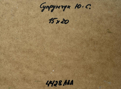 Back of Yuriy Suprunchuk oil painting Forest in river reflection with Cyrillic text and measurements on brown cardboard