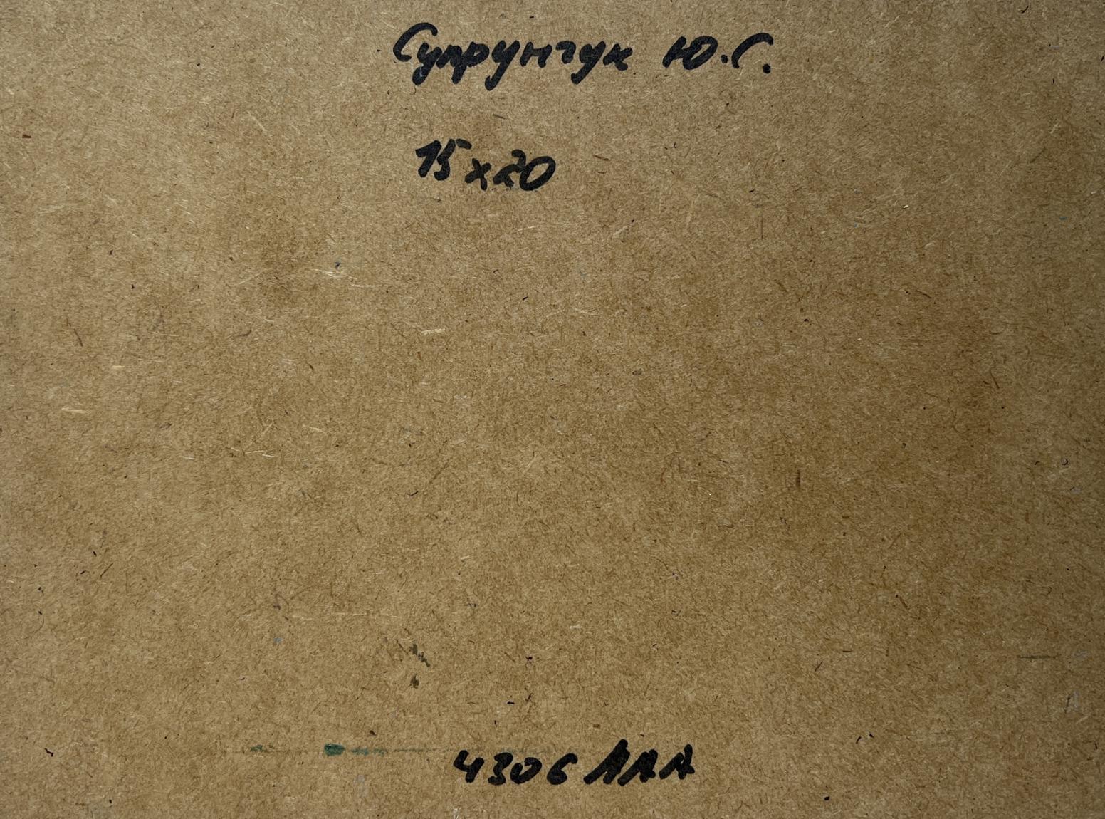 Back of Yuriy Suprunchuk oil painting Rain is coming with Cyrillic text