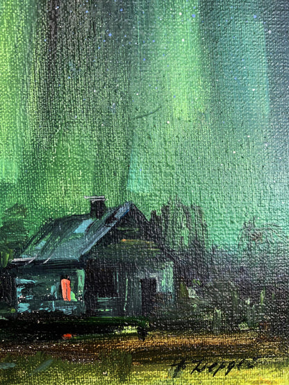 Oil painting of rustic cabin under northern lights by Tatyana Derdey