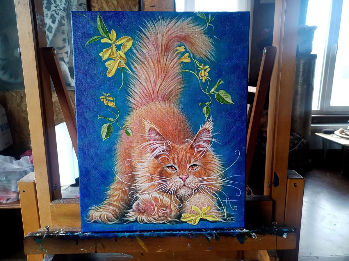 Oil painting of vibrant orange tabby cat by Lapusic sorcerer Vira Goncharenko