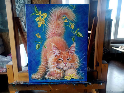 Oil painting of vibrant orange tabby cat by Lapusic sorcerer Vira Goncharenko