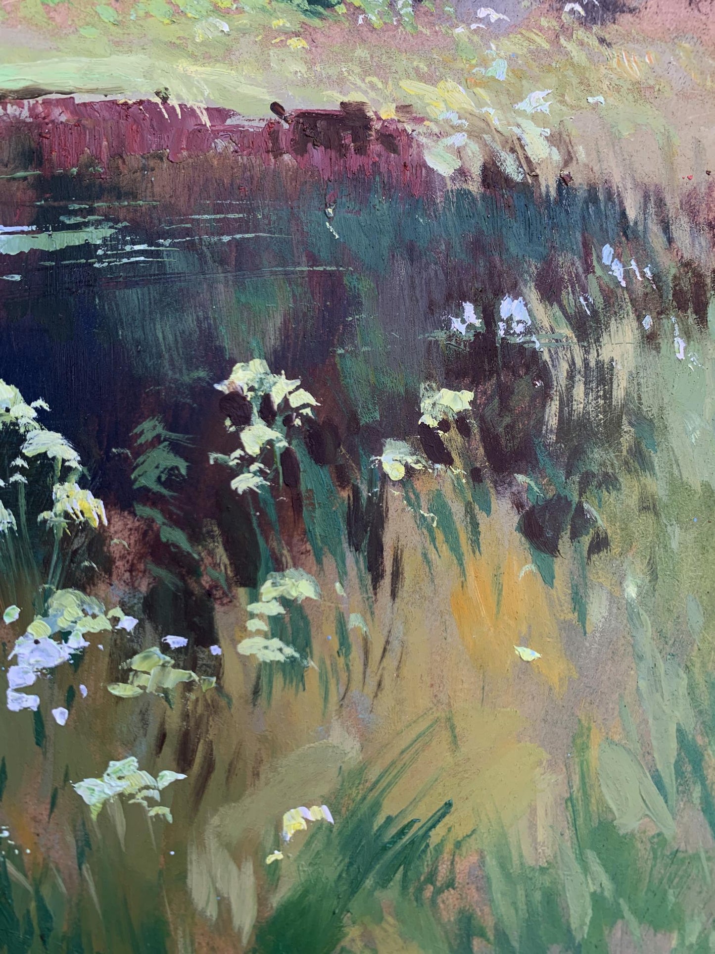 Impressionistic oil painting by Yuriy Suprunchuk of river, forest, grass and wildflowers