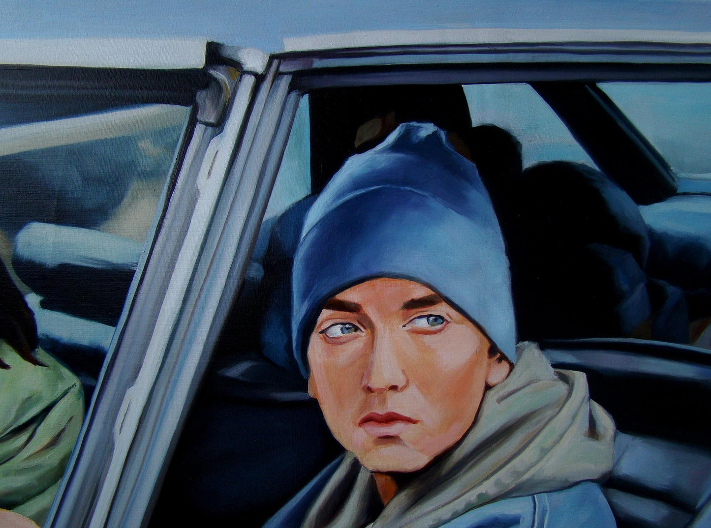 Oil painting of Eminem in blue beanie and gray hoodie in car by Yulia Lihina