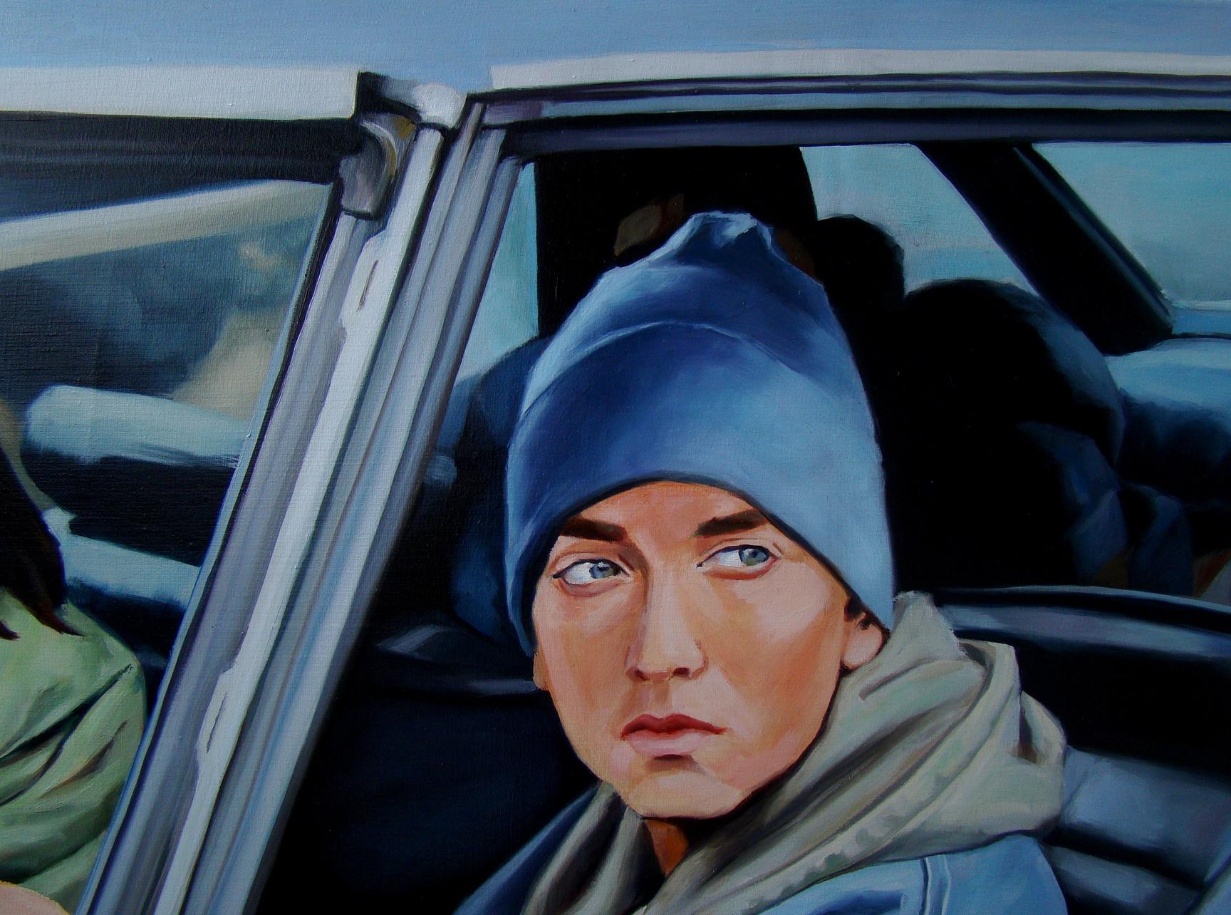 Oil painting of Eminem in blue beanie and gray hoodie in car by Yulia Lihina