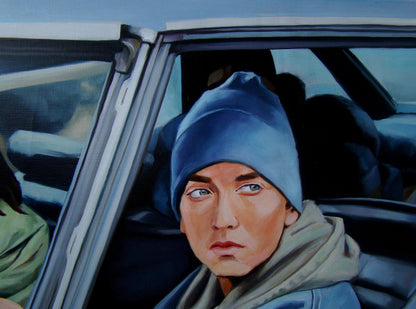 Oil painting of Eminem in blue beanie and gray hoodie in car by Yulia Lihina