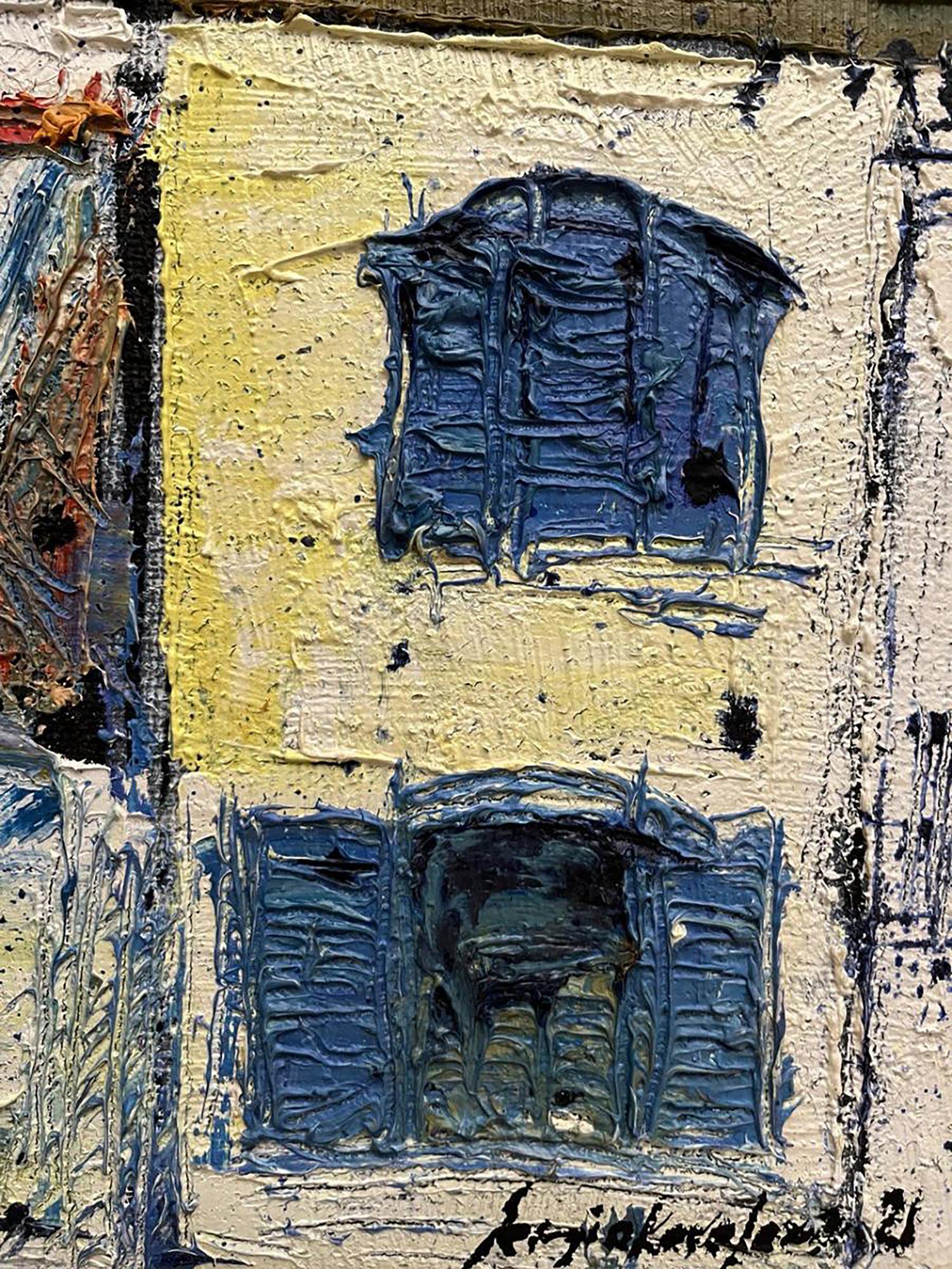 Oil painting Mysterious city by Serhiy Kovalev: yellow building with blue shutters