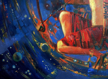 Vibrant abstract zodiac oil painting by Anatoly Tarabanov with bold blue, red, orange strokes