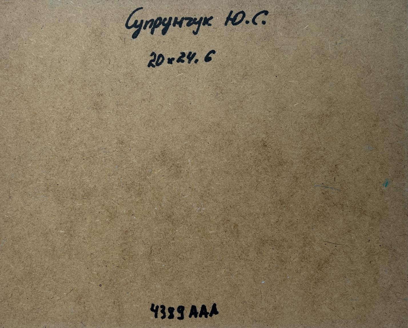 Back of Yuriy Suprunchuk oil painting After the sea storm with Cyrillic text on cardboard