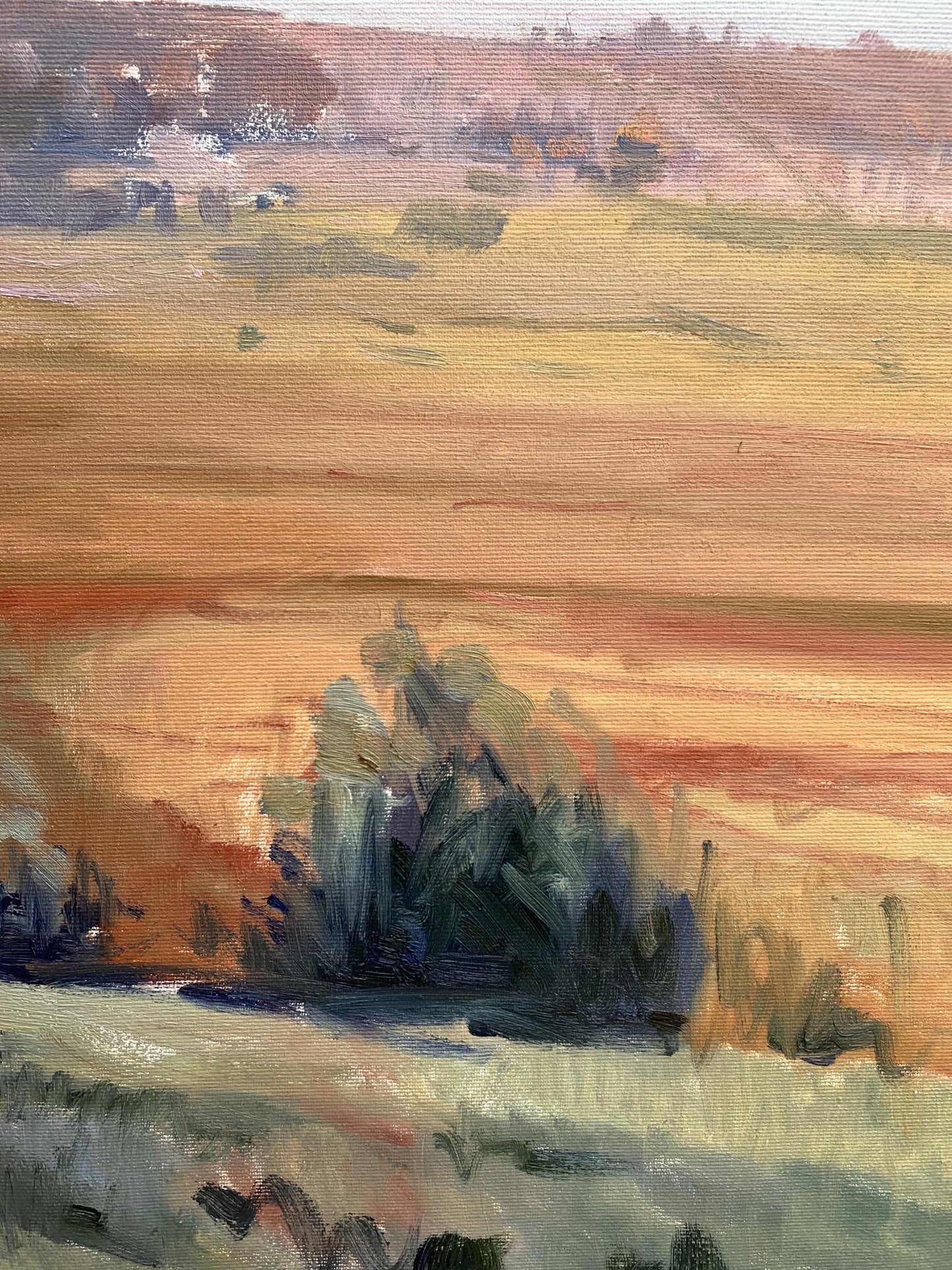 Oil painting Hot day by Tatyana Derdey: textured warm orange sky over hills