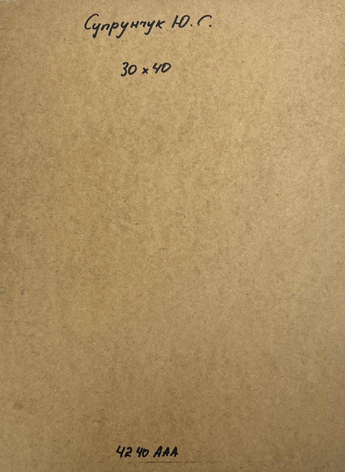 Back of Oil painting Coastal comfort Yuriy Suprunchuk: brown textured paper with handwritten Cyrillic text and measurements