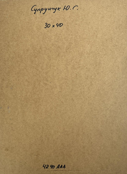 Back of Oil painting Coastal comfort Yuriy Suprunchuk: brown textured paper with handwritten Cyrillic text and measurements