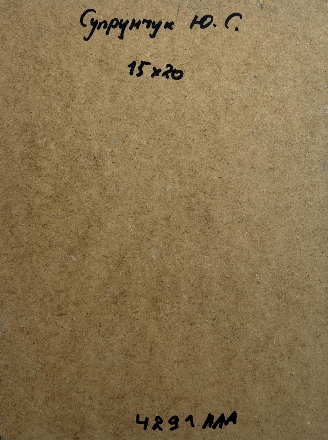 Back of Yuriy Suprunchuk oil painting Reflection of Venice: brown cardboard with Cyrillic text and measurements