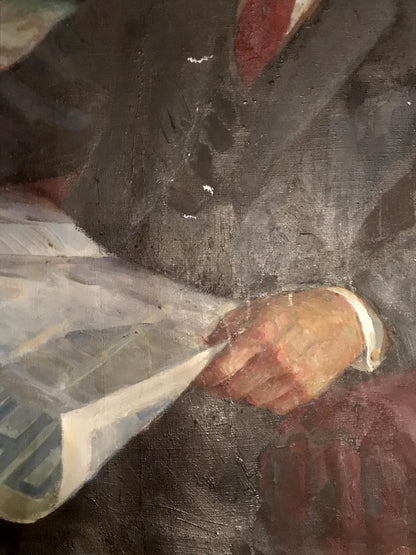 Oil painting back: hand in white cuff holding Fedor Zagorodnyuk Lenin newspaper