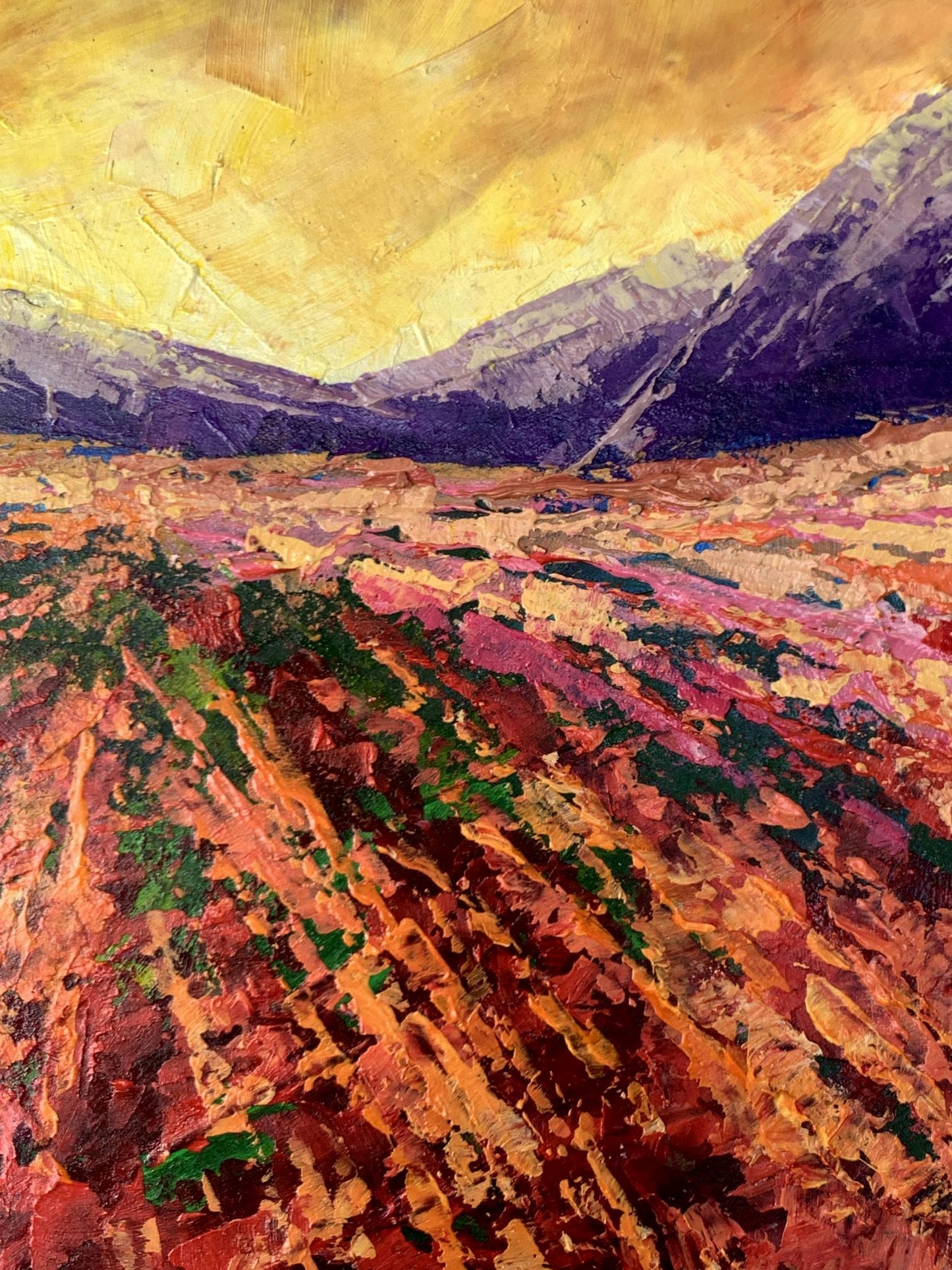 Vibrant oil painting of mountain sunset by V. Zadorozhnya
