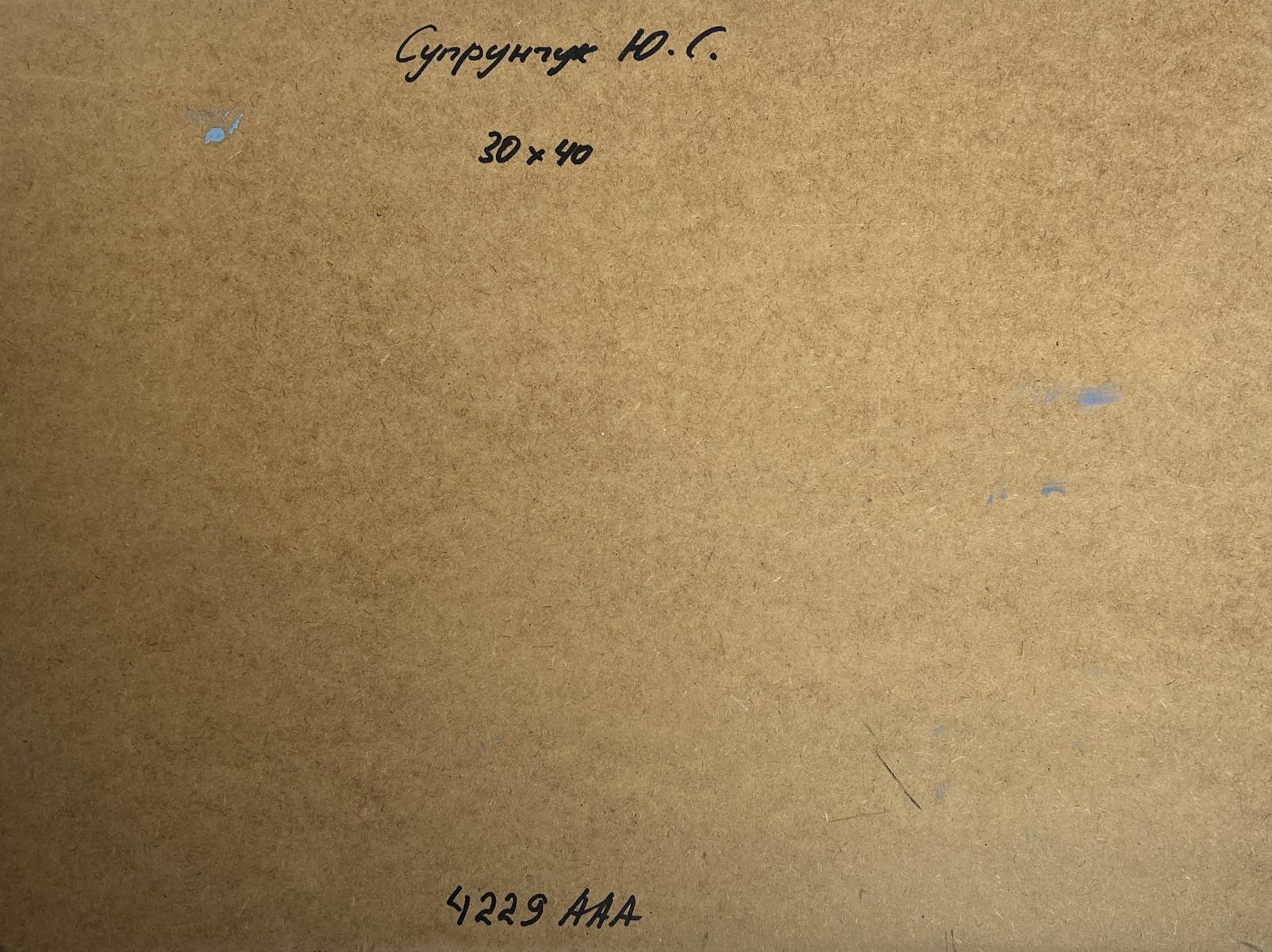 Back of Yuriy Suprunchuk oil painting Sea and village coziness with brown cardboard handwritten Cyrillic text and measurements