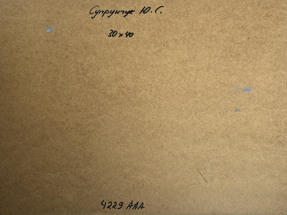 Back of Yuriy Suprunchuk oil painting Sea and village coziness with brown cardboard handwritten Cyrillic text and measurements