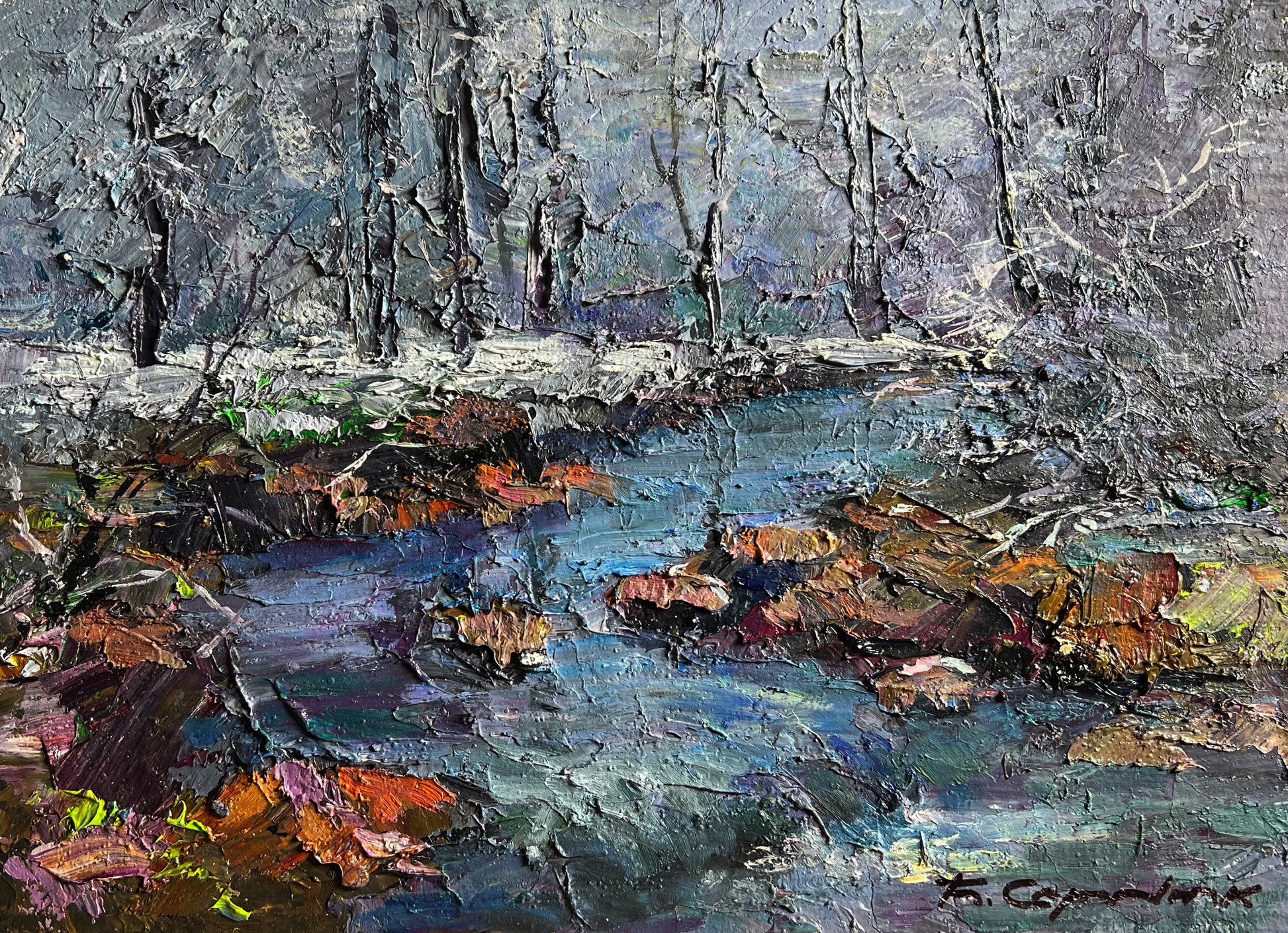 Textured oil painting of winter stream by Boris Serdyuk fine art