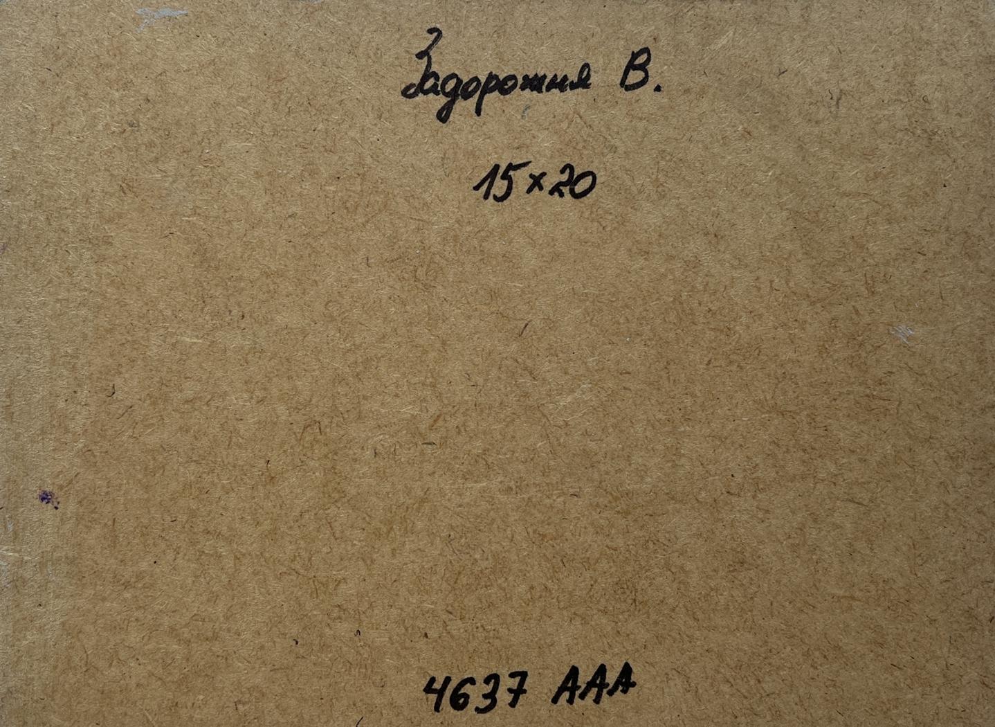 Back of V. Zadorozhnya Summer flower meadows oil painting with Cyrillic script and dimensions on brown cardboard